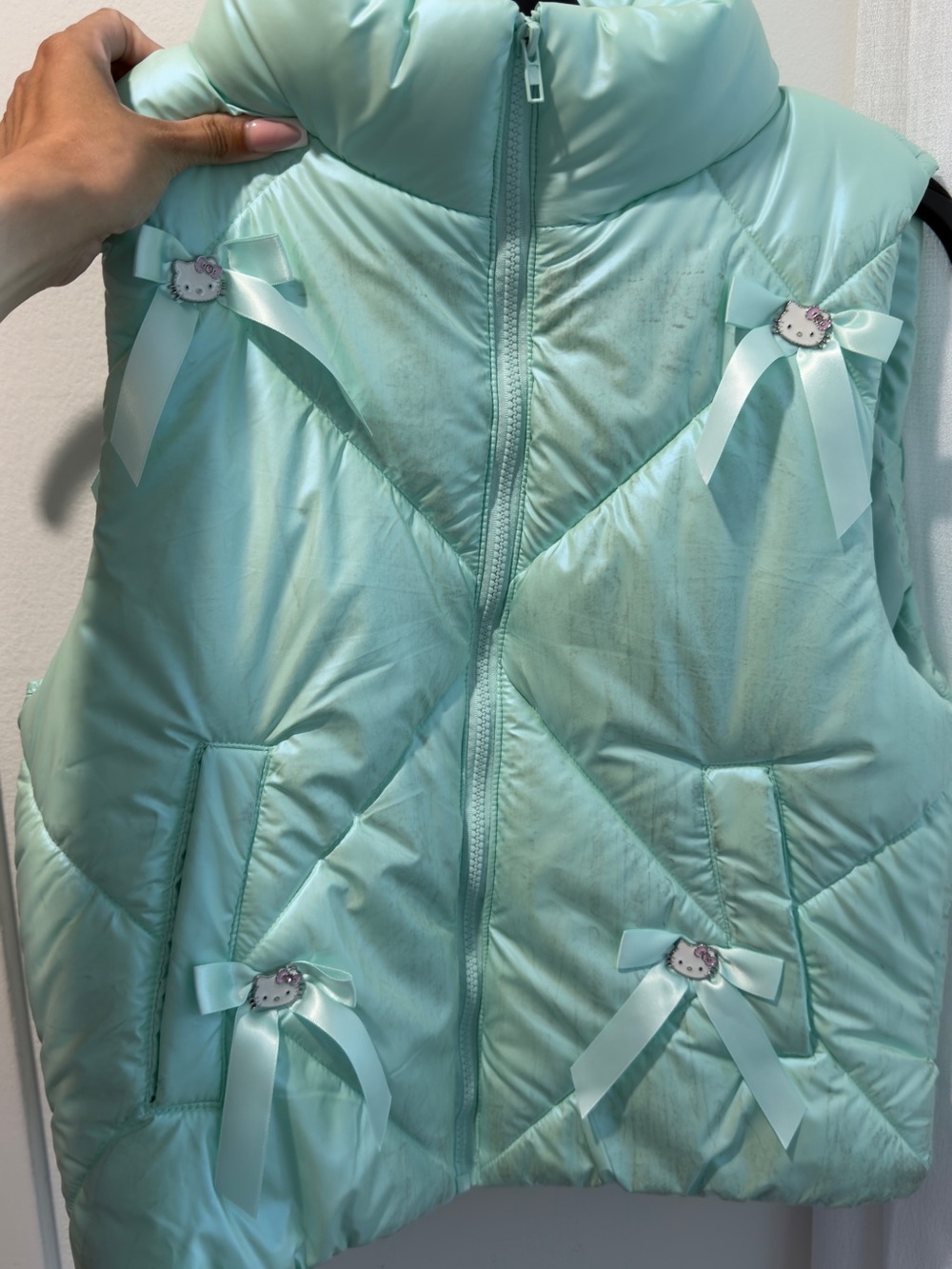 Forever 21 x hello kitty Mint Quilted Puffer Vest with Bow Accents